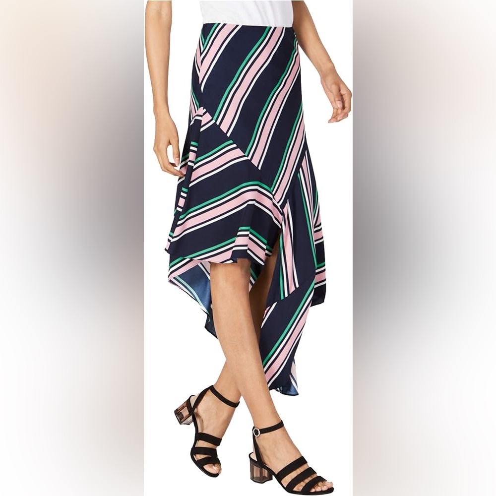 Bar lll Satin Striped Asymetrical Coastal Grandma Career Chic Skirt Sz 4 Fall - Picture 3 of 13